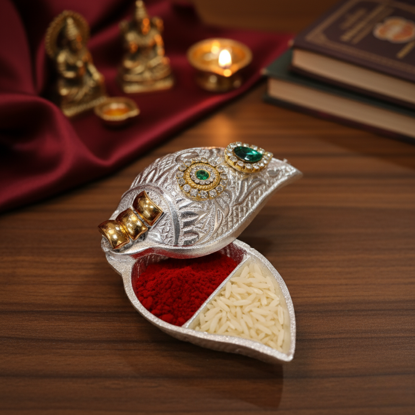 Handcrafted Shankh Sindoor Daani with Peacock Feather Applicator | Traditional Stone-Studded Pooja Item in a Premium Gift Box Dailyalley