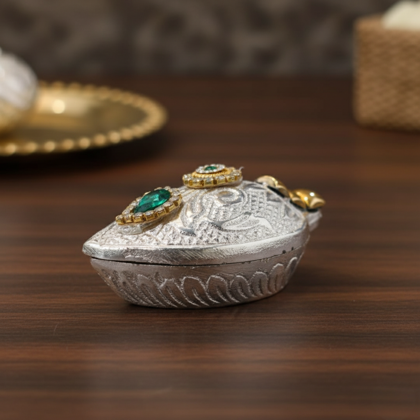 Handcrafted Shankh Sindoor Daani with Peacock Feather Applicator | Traditional Stone-Studded Pooja Item in a Premium Gift Box Dailyalley