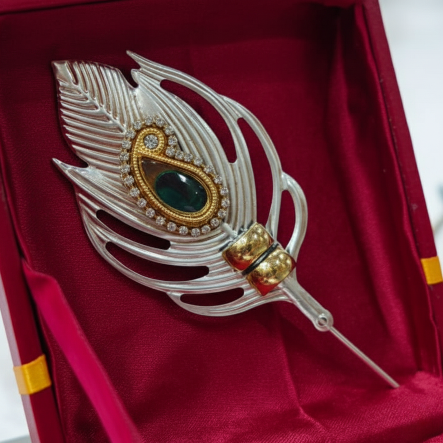 Handcrafted Shankh Sindoor Daani with Peacock Feather Applicator | Traditional Stone-Studded Pooja Item in a Premium Gift Box Dailyalley