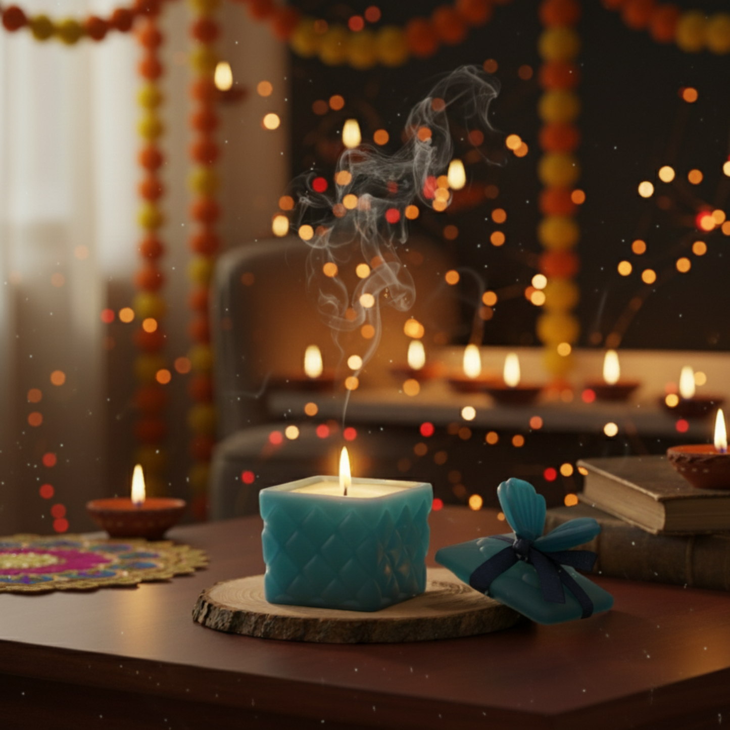 Elegant Diwali gift hamper with 6 sky-blue ceramic cups, wooden tray, and scented candle—perfect festive luxury for family and friends. Dailyalley