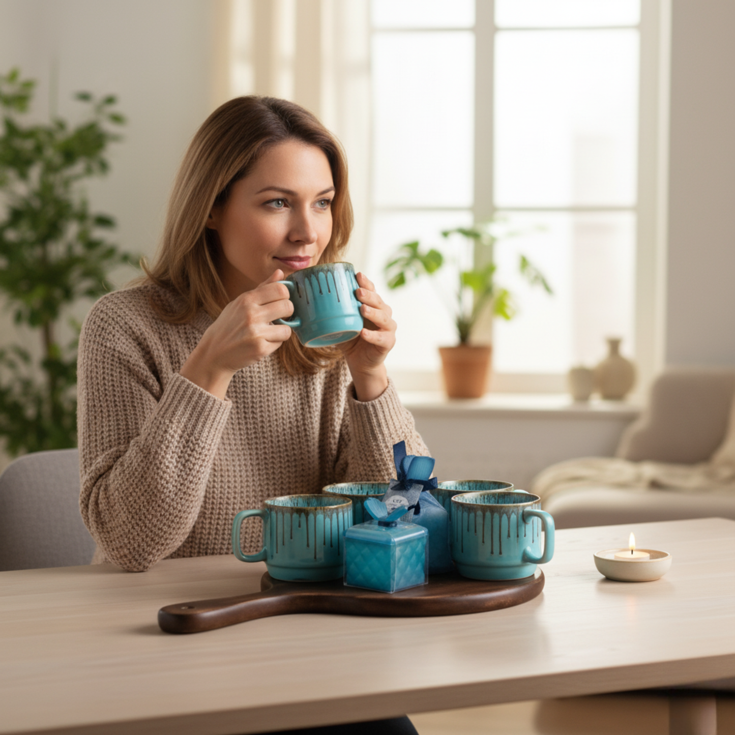 Elegant Diwali gift hamper with 6 sky-blue ceramic cups, wooden tray, and scented candle—perfect festive luxury for family and friends. Dailyalley