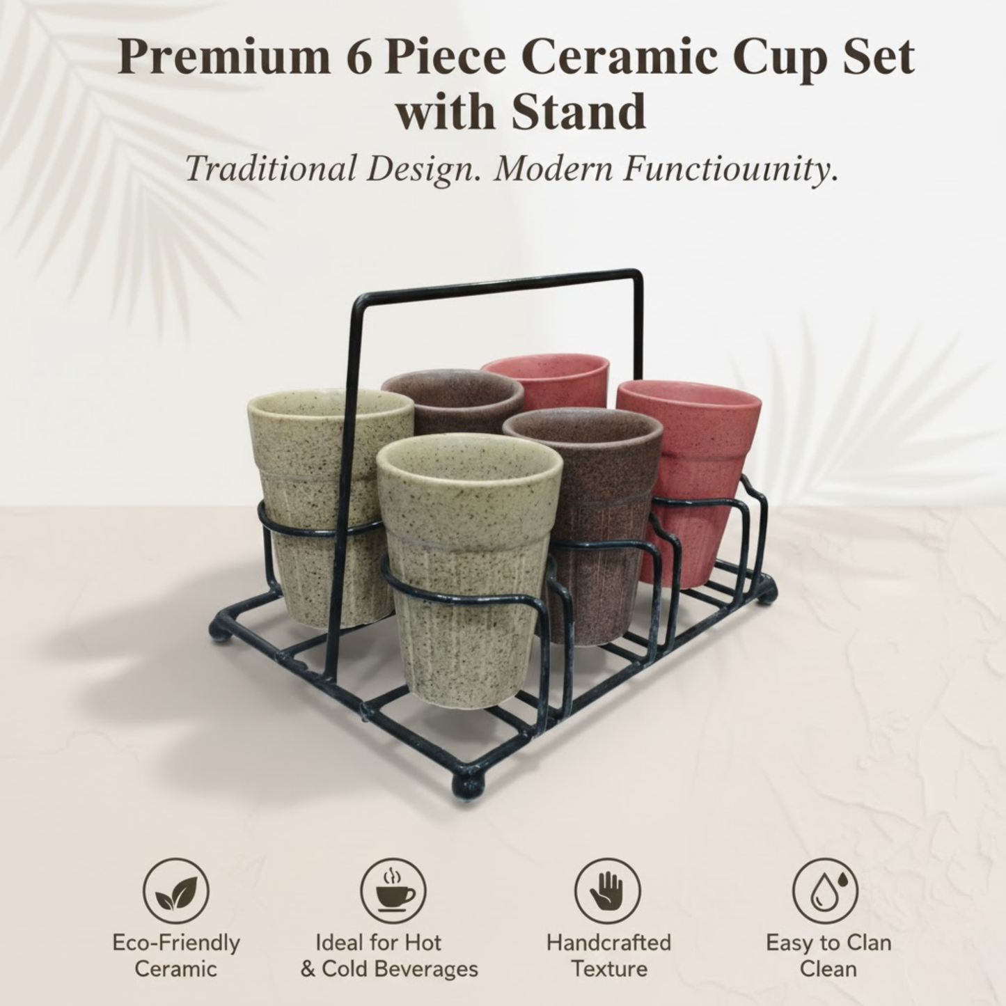 DailyAlley Cafe Style Ceramic Kulhad Set with Stand (Set of 6) - Assorted Tea & Coffee Cups for Modern Homes & Eateries Dailyalley