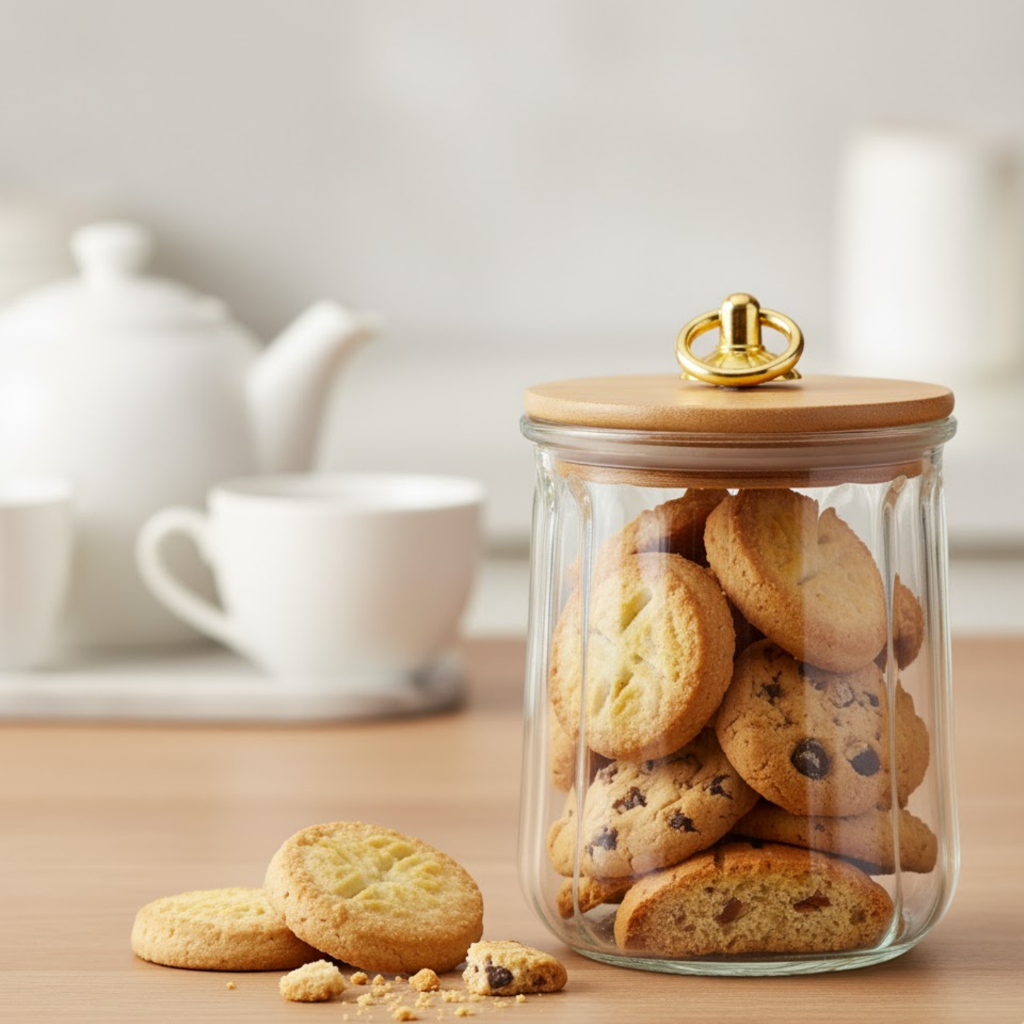 DailyAlley Glass Storage Canisters (Set of 3) | Ribbed Borosilicate Glass Jars with Airtight Bamboo Lids & Gold Handles | Kitchen Containers Dailyalley
