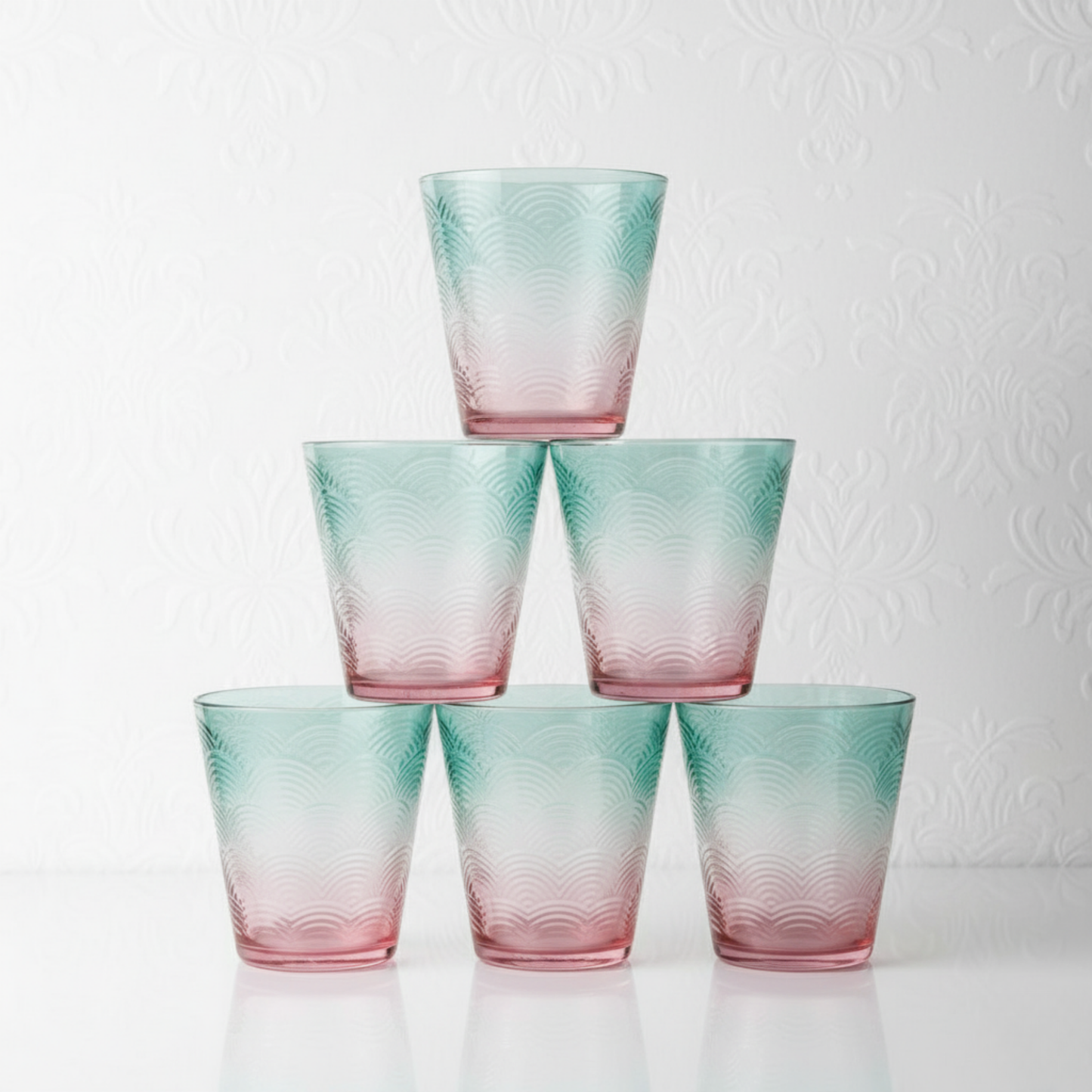 DailyAlley Ombré Wave Drinking Glasses (Set of 6) | Aesthetic Blue & Pink Tumblers for Juice & Cocktails | Textured Bar & Kitchen Glassware Dailyalley