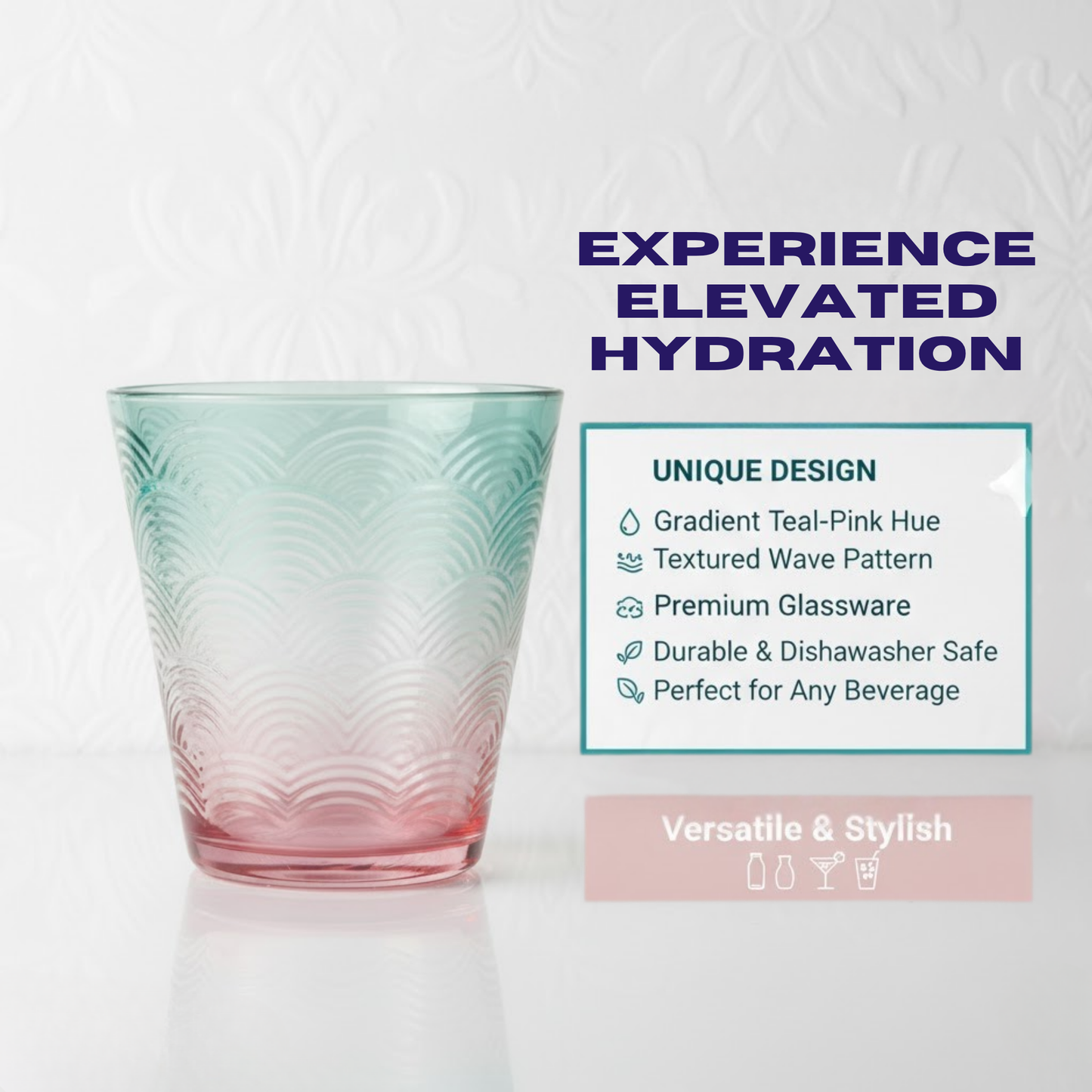 DailyAlley Ombré Wave Drinking Glasses (Set of 6) | Aesthetic Blue & Pink Tumblers for Juice & Cocktails | Textured Bar & Kitchen Glassware Dailyalley