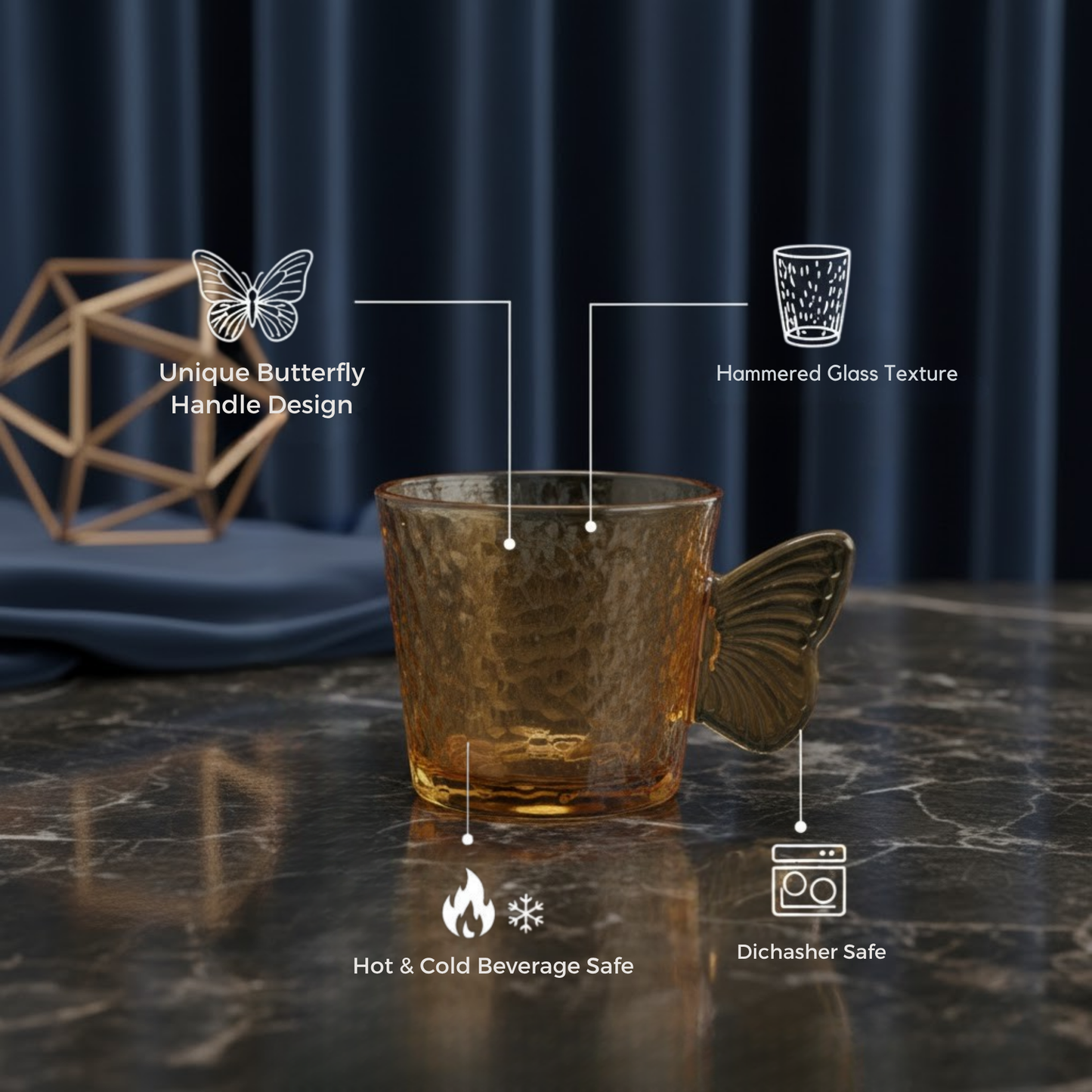 DailyAlley Butterfly Handle Glass Mugs (Set of 6) | Elegant Amber Textured Cups for Coffee & Tea | Whimsical Wing Handle Mugs (120ml) Dailyalley