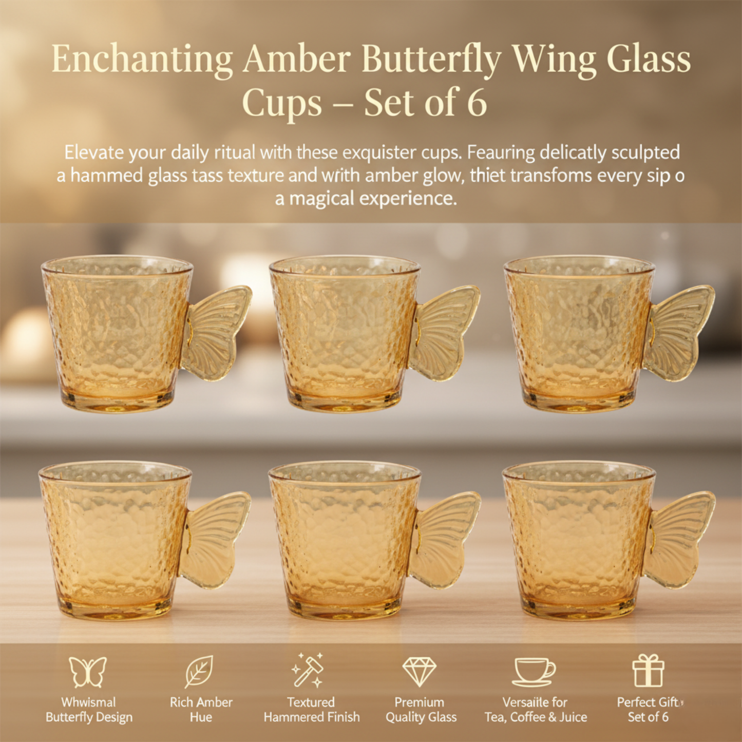 DailyAlley Butterfly Handle Glass Mugs (Set of 6) | Elegant Amber Textured Cups for Coffee & Tea | Whimsical Wing Handle Mugs (120ml) Dailyalley