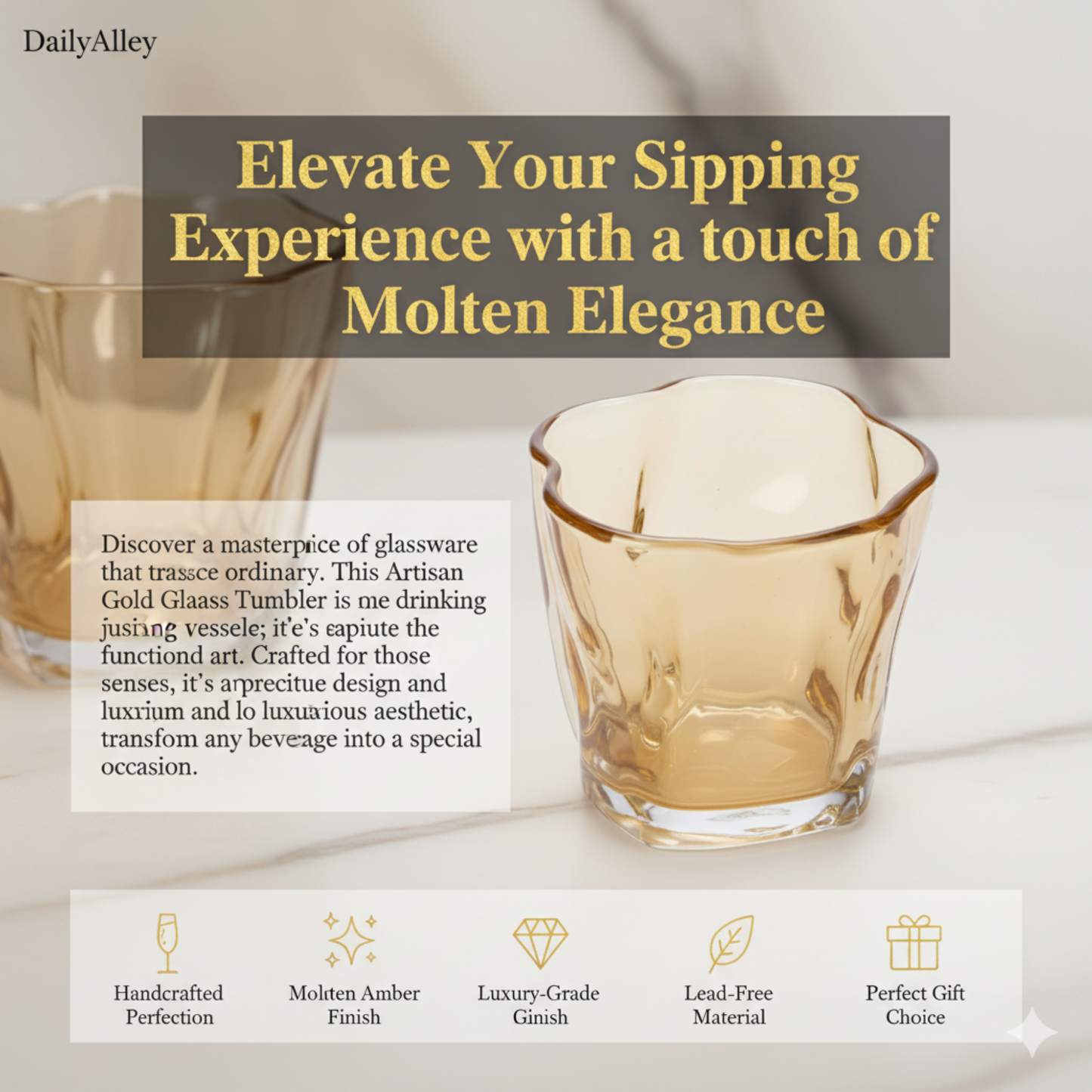 DailyAlley Amber Origami Tumblers (Set of 6) | Fluted Glassware for Whiskey, Water & Cocktails | Modern Textured Bar Glasses (200ml) Dailyalley