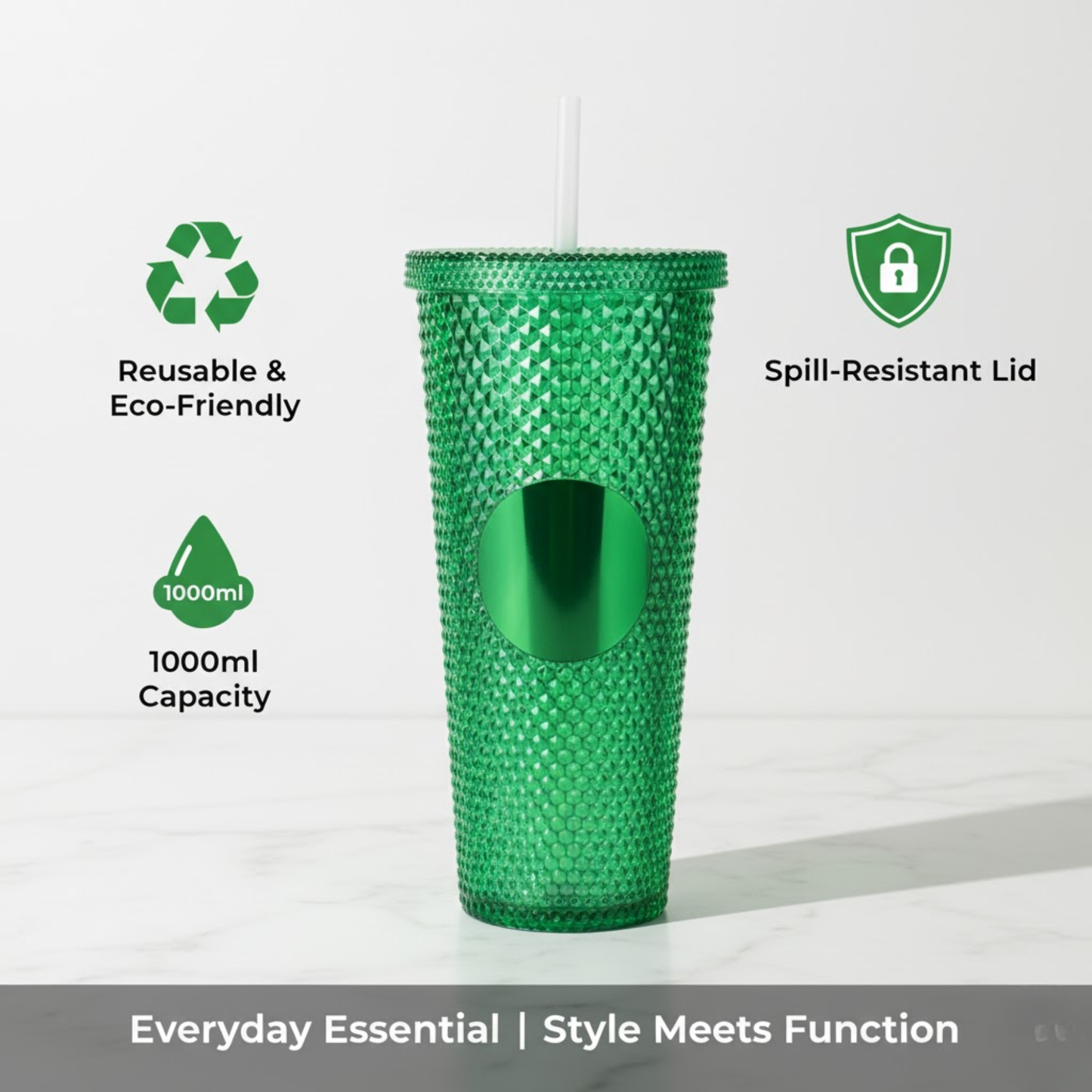 DailyAlley Blue Studded Tumbler with Straw (710ml) | Reusable Plastic Travel Mug for Iced Coffee & Cold Drinks | Textured Cup for All Ages Dailyalley
