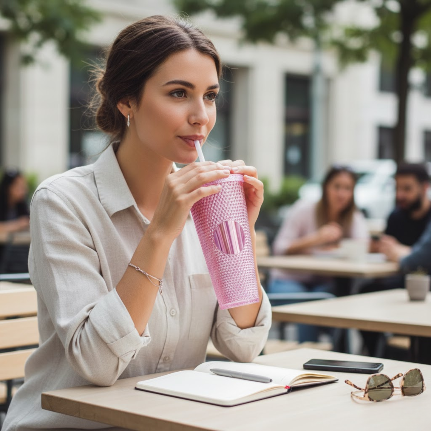DailyAlley Pink Studded Tumbler with Straw (710ml) | Reusable Plastic Travel Mug for Iced Coffee & Cold Drinks | Textured Cup for Teens & Adults Dailyalley