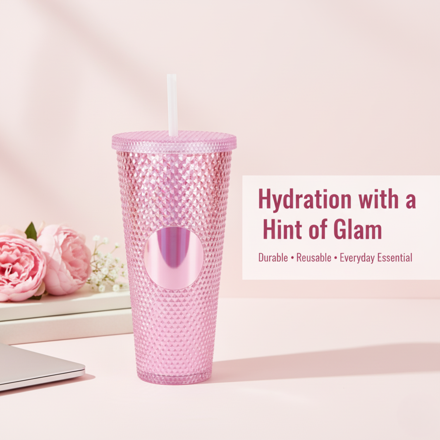 DailyAlley Pink Studded Tumbler with Straw (710ml) | Reusable Plastic Travel Mug for Iced Coffee & Cold Drinks | Textured Cup for Teens & Adults Dailyalley