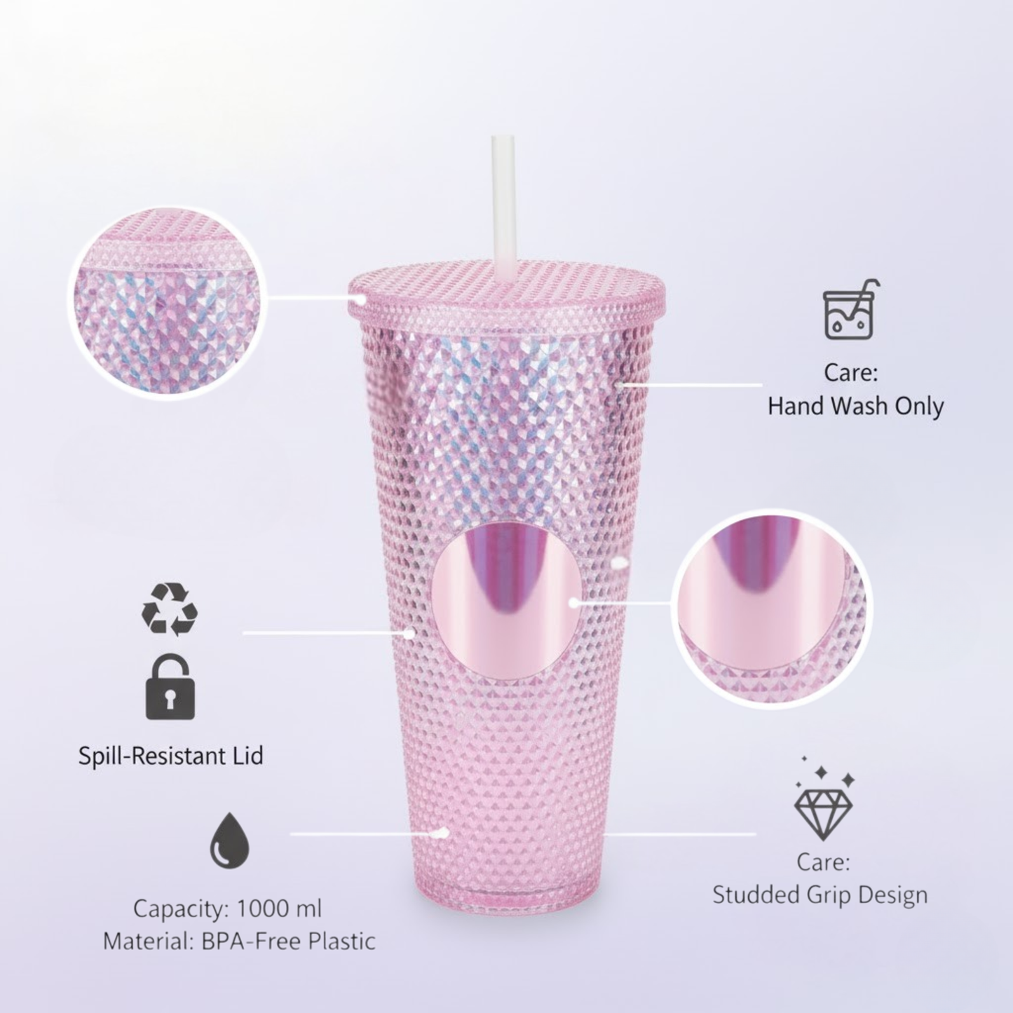 DailyAlley Pink Studded Tumbler with Straw (710ml) | Reusable Plastic Travel Mug for Iced Coffee & Cold Drinks | Textured Cup for Teens & Adults Dailyalley