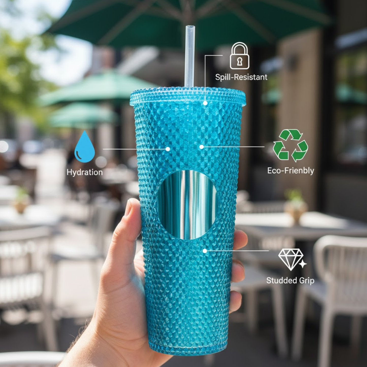 DailyAlley Green Studded Tumbler with Straw (710ml) | Reusable Plastic Travel Mug for Iced Coffee & Cold Drinks | Textured Cup for Teens & Adults Dailyalley