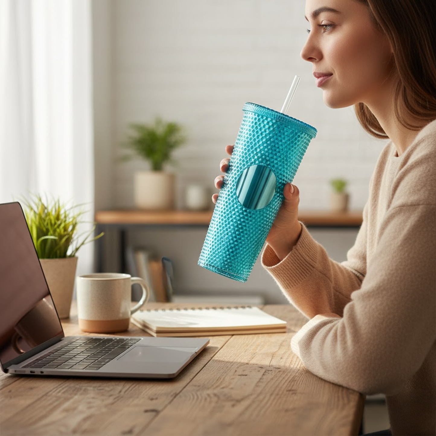 DailyAlley Green Studded Tumbler with Straw (710ml) | Reusable Plastic Travel Mug for Iced Coffee & Cold Drinks | Textured Cup for Teens & Adults Dailyalley