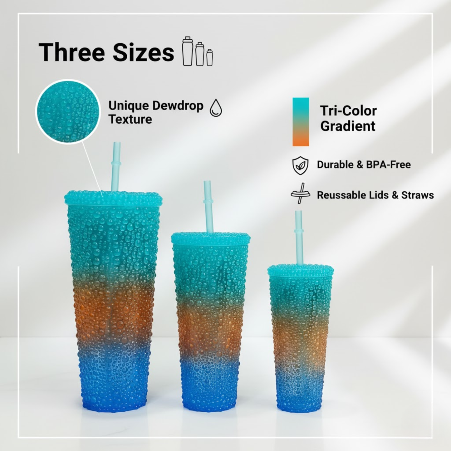 DailyAlley Sipper Tumbler Set (3-Pack) | Blue-Brown Water Droplet Design | Reusable Travel Cups with Straws for Girls & Women (800/500/300ml) Dailyalley