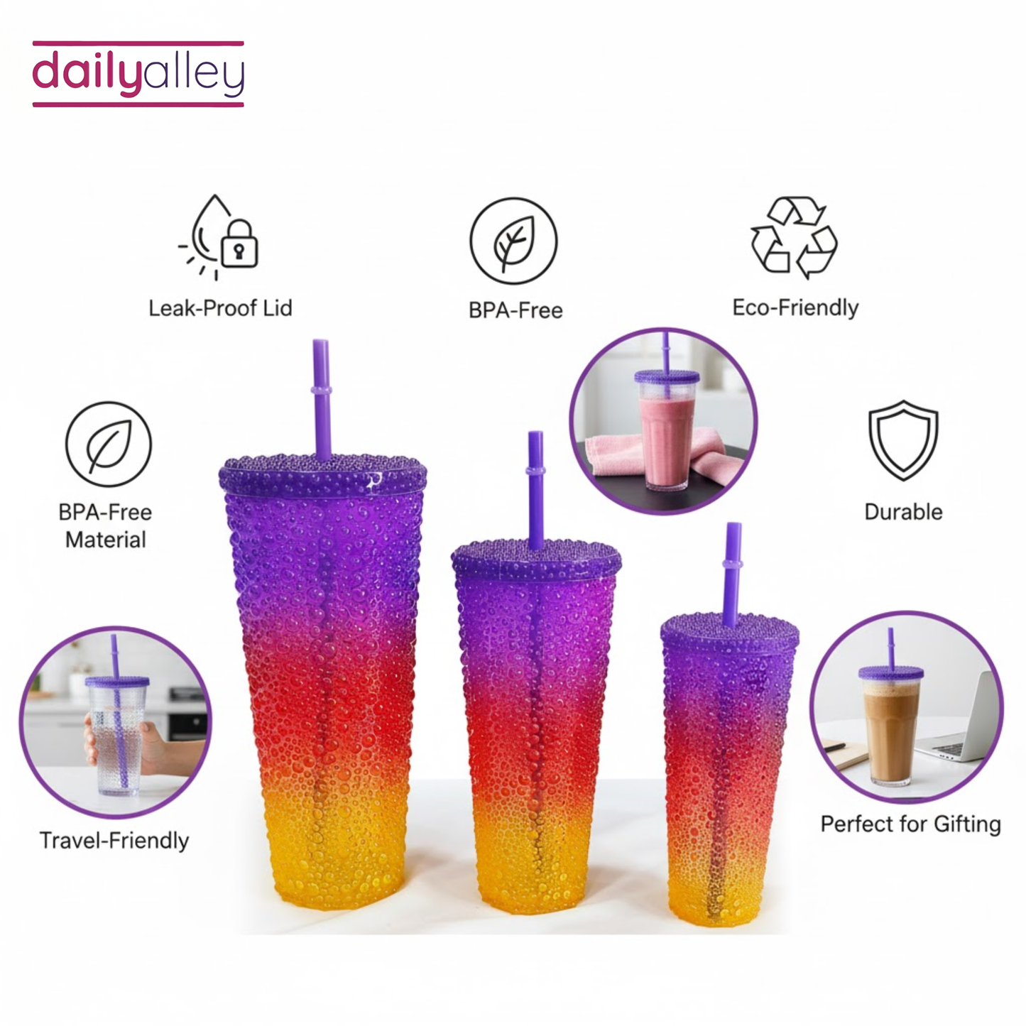 DailyAlley Colorful Sipper Tumbler Set (3-Pack) with Straws | Reusable Hot & Cold Drink Cups | Water Droplet Design Bottles (800/500/300ml) Dailyalley