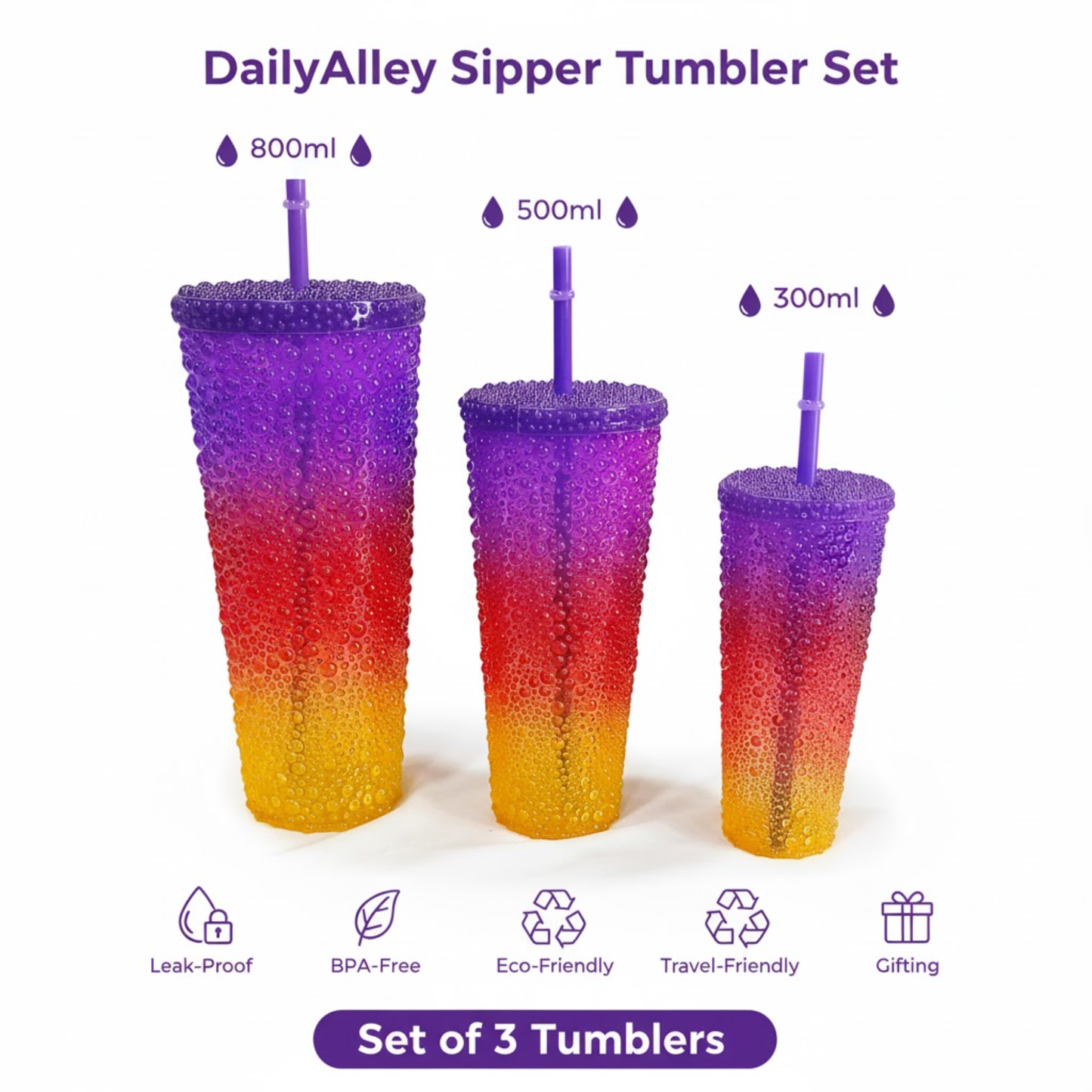 DailyAlley Colorful Sipper Tumbler Set (3-Pack) with Straws | Reusable Hot & Cold Drink Cups | Water Droplet Design Bottles (800/500/300ml) Dailyalley
