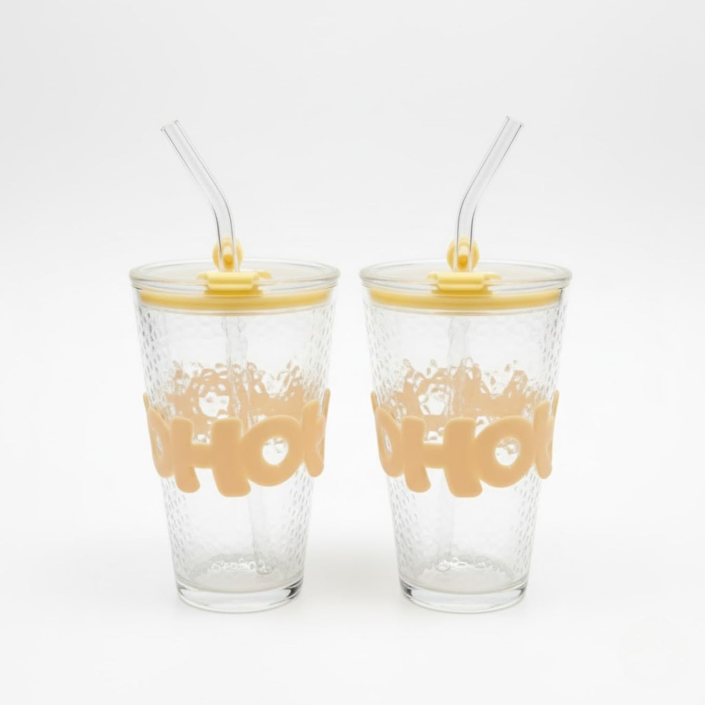 DailyAlley Glass Sipper Tumbler with Straw | Set of 2 | 450ml Stylish Cup for Cold & Hot Drinks | Reusable Travel Mug for Office, Gym, Home (Transparent, Yellow) Dailyalley