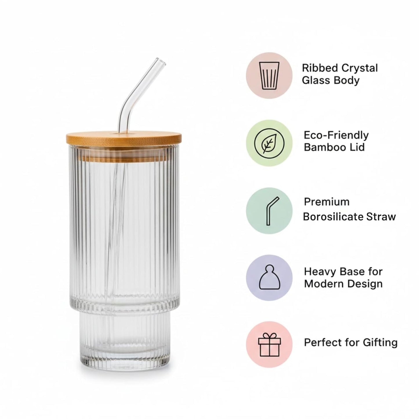 Crystal Ribbed Glass Tumbler Set of 2 – 400ml Reusable Glasses with Bamboo Lid & Glass Straw for Iced Coffee, Juice & Cold Drinks Dailyalley