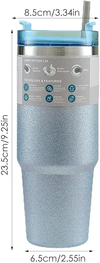 Silver tumbler with blue glittery accents and measurement details on a white background