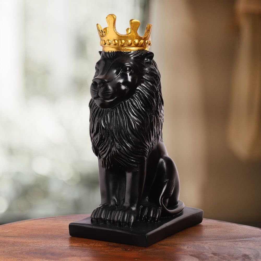 DailyAlley White & Black Lion King Statue Set of 2 (11 Inch) – Premium Polyresin Royal Lion Showpiece with Gold Crown | Modern Home Decor, Office Desk Decoration & Luxury Gifting Dailyalley