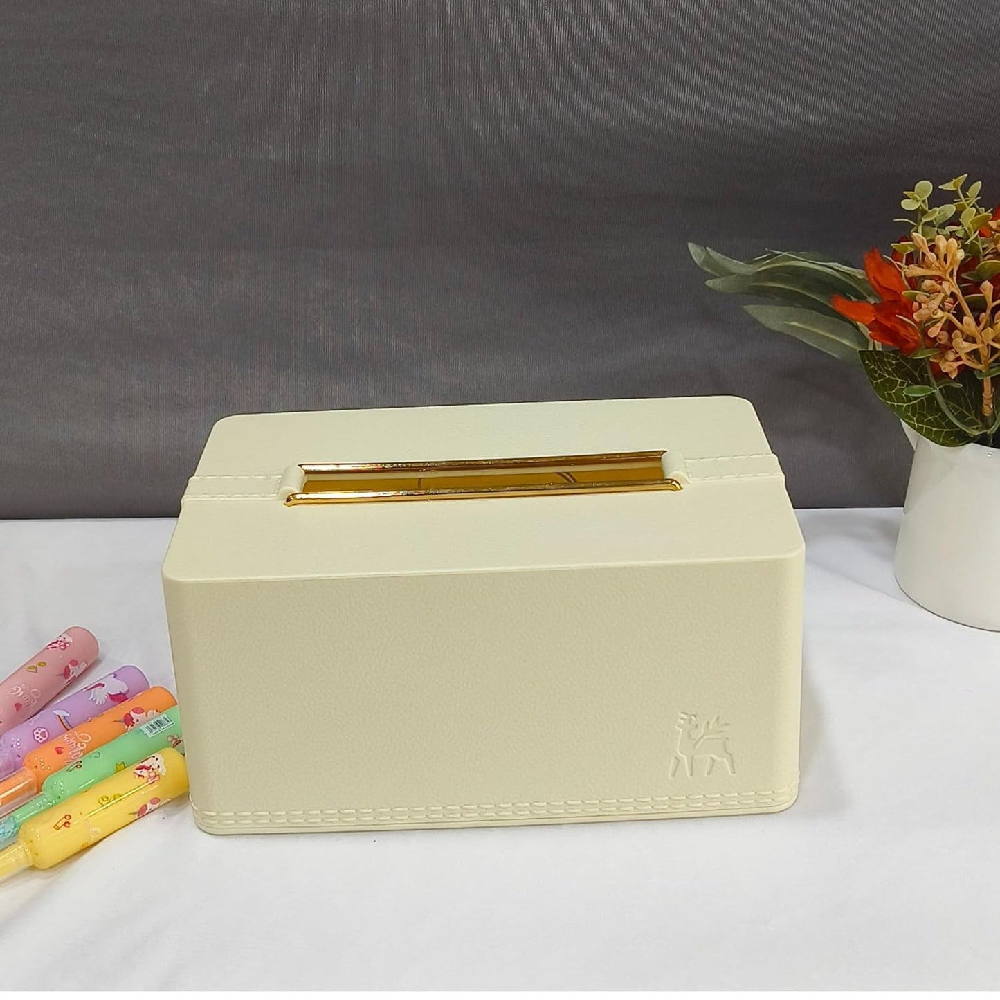 DailyAlley Beige Tissue Box Holder - Premium Napkin Dispenser with a Golden Lid & Stylish Leather Finish. Perfect for your home, office, or car. Dailyalley