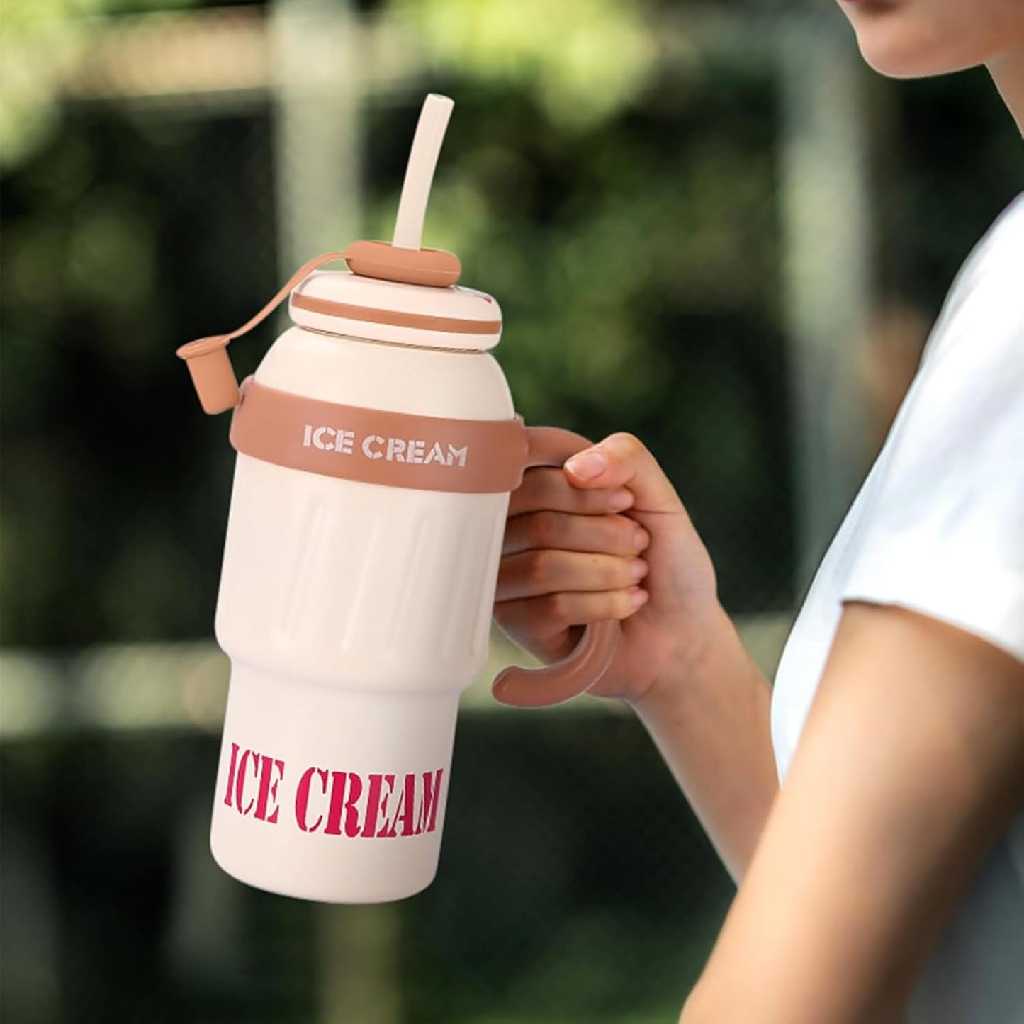 DailyAlley Insulated Tumbler with Handle & Straw (900ml) | Double Wall Stainless Steel Leakproof Mug for Coffee, Smoothie & Cold Drinks (Brown) Dailyalley