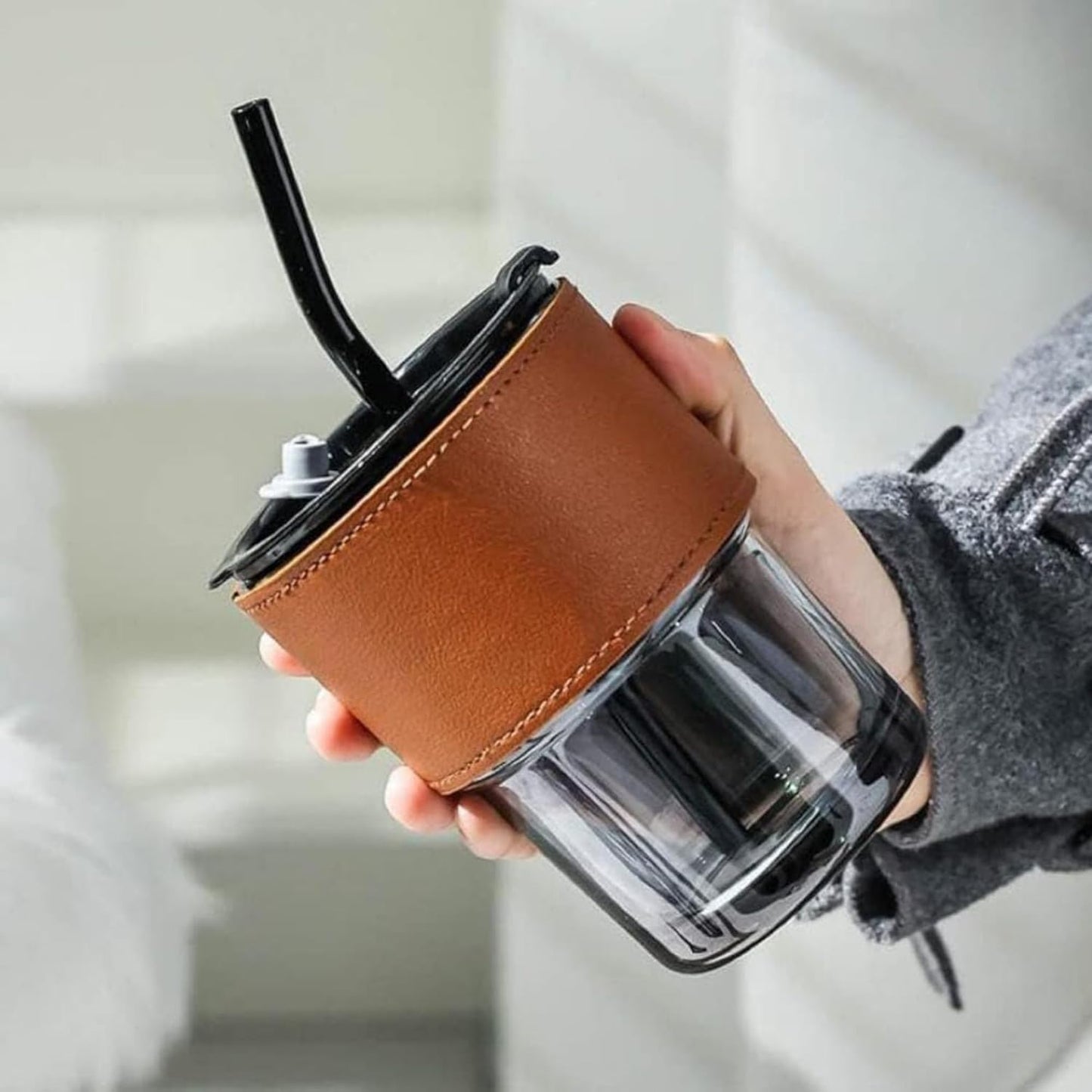 DailyAlley Gorgeous 400ml Glass Sipper - Aesthetic tumbler with a brown leather sleeve & straw. Perfect for coffee, juice, & smoothies on the go. Dailyalley