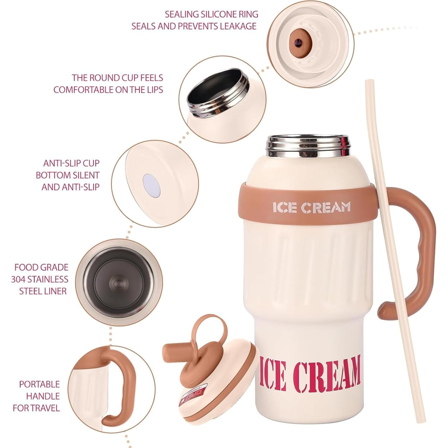 DailyAlley Insulated Tumbler with Handle & Straw (900ml) | Double Wall Stainless Steel Leakproof Mug for Coffee, Smoothie & Cold Drinks (Brown) Dailyalley