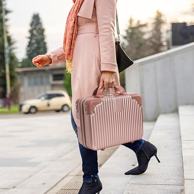 DailyAlley Hard Shell Makeup Bag: 14-inch Waterproof Cosmetic Case for Travel & Daily Use with Handle & Elastic Strap.