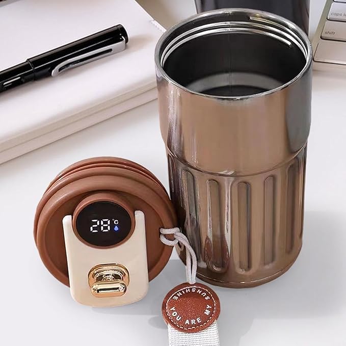 Brown insulated mug with digital temperature display