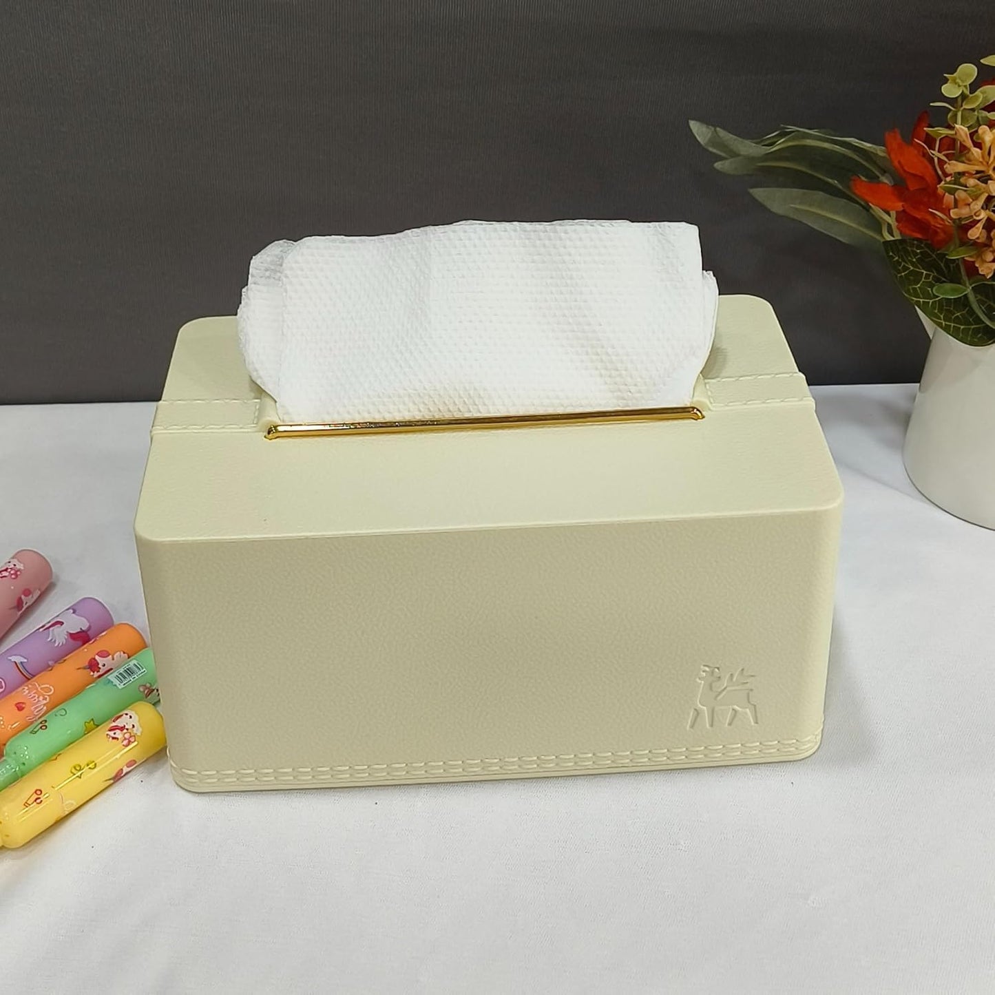 DailyAlley Beige Tissue Box Holder - Premium Napkin Dispenser with a Golden Lid & Stylish Leather Finish. Perfect for your home, office, or car. Dailyalley