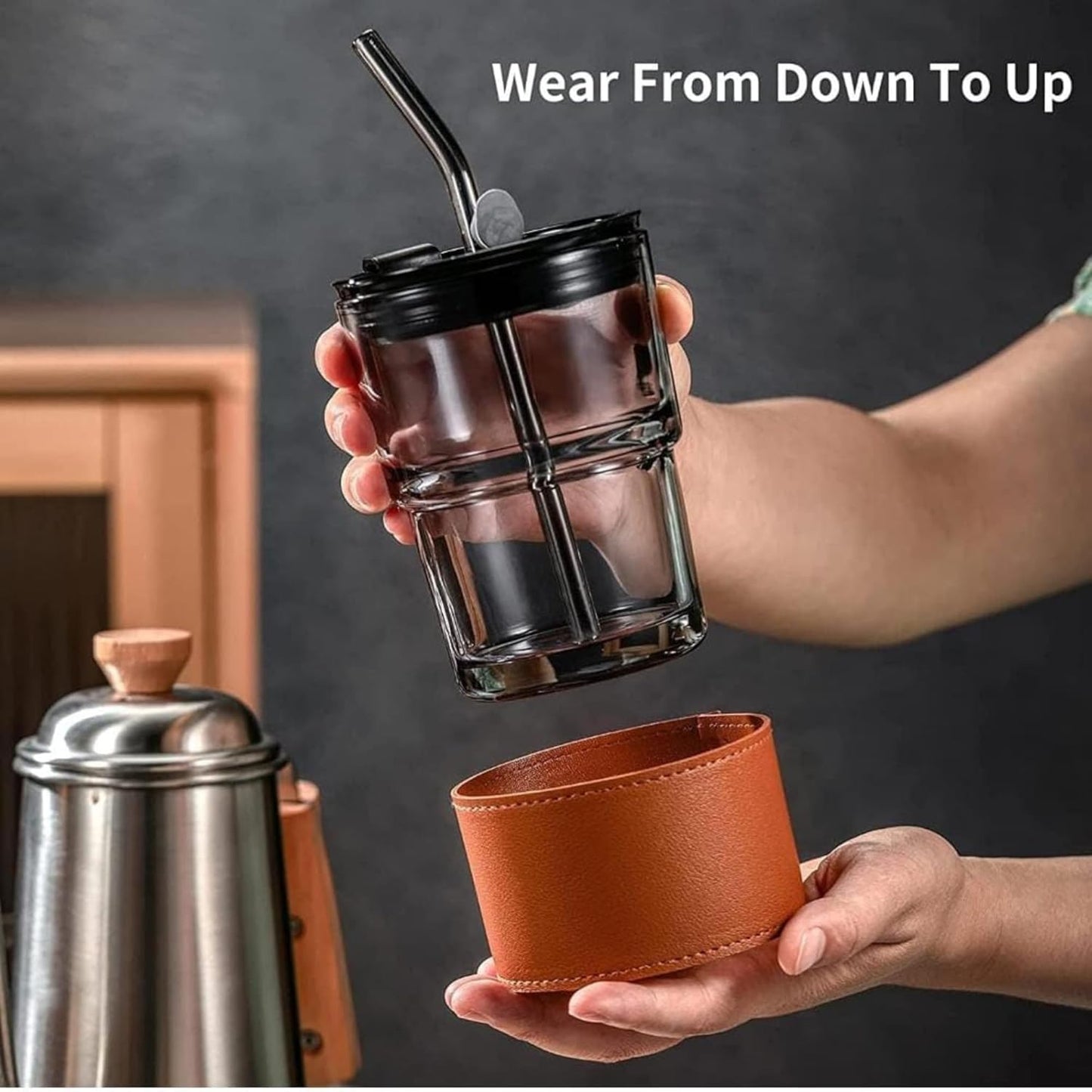 DailyAlley Gorgeous 400ml Glass Sipper - Aesthetic tumbler with a brown leather sleeve & straw. Perfect for coffee, juice, & smoothies on the go. Dailyalley