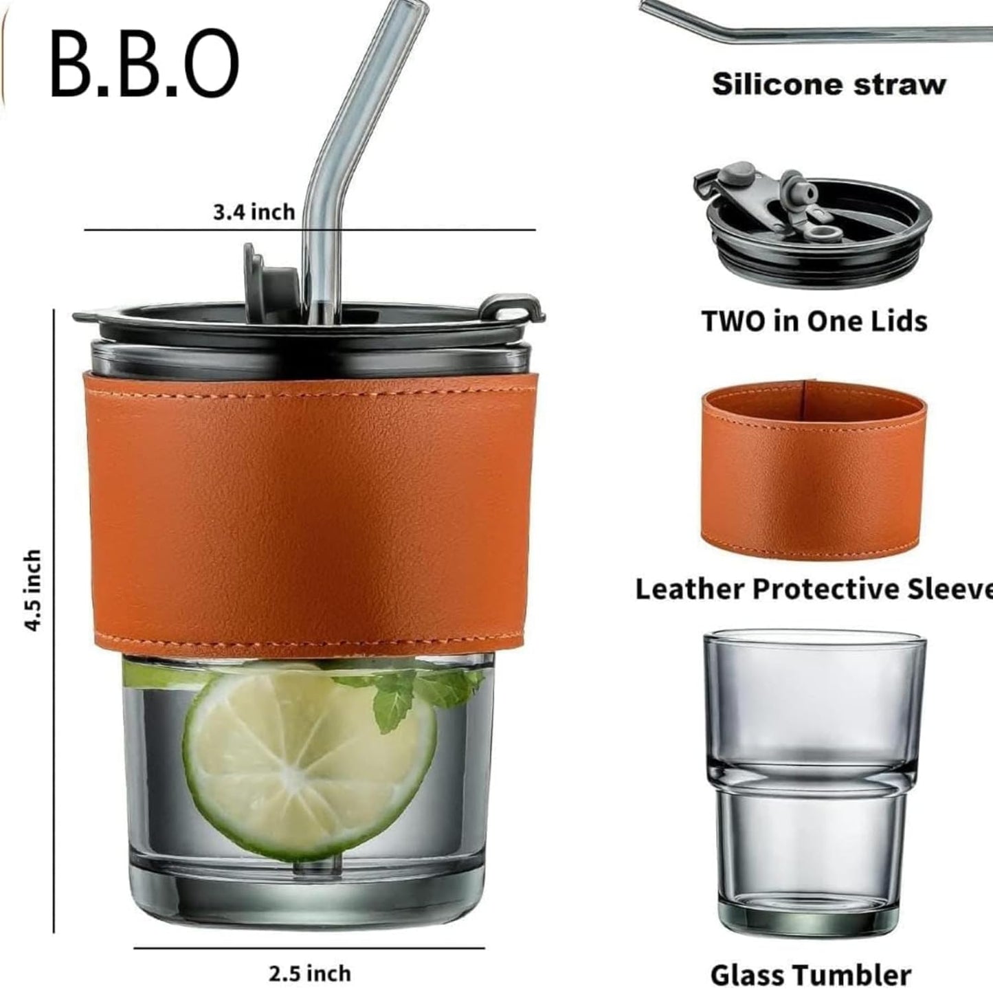 DailyAlley Gorgeous 400ml Glass Sipper - Aesthetic tumbler with a brown leather sleeve & straw. Perfect for coffee, juice, & smoothies on the go. Dailyalley