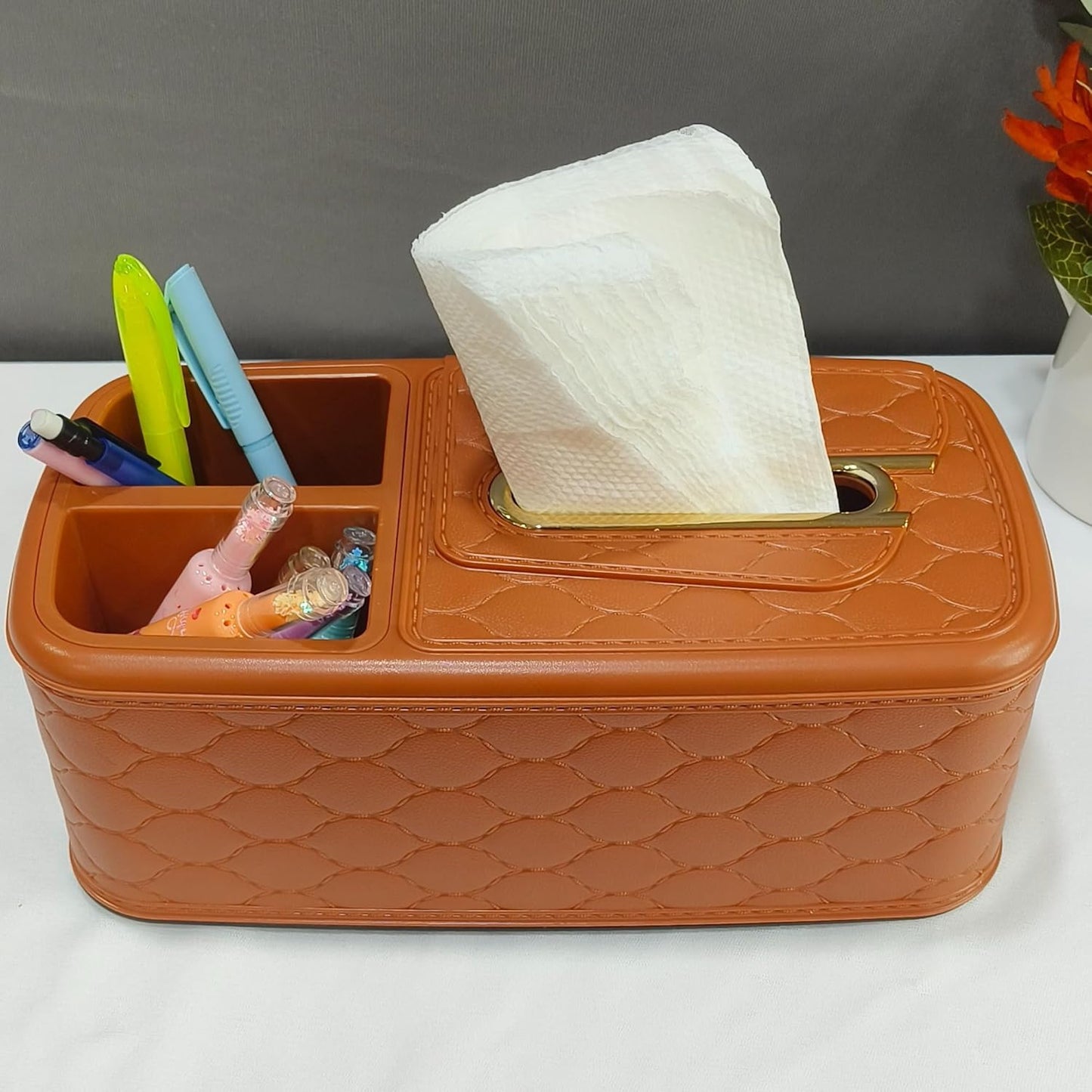 DailyAlley Tissue & Pen Holder - Multipurpose organizer for your home, office, or car. Features 2 compartments for tissues, pens, & more. Dailyalley