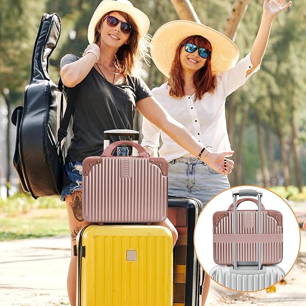 DailyAlley Hard Shell Makeup Bag: 14-inch Waterproof Cosmetic Case for Travel & Daily Use with Handle & Elastic Strap.