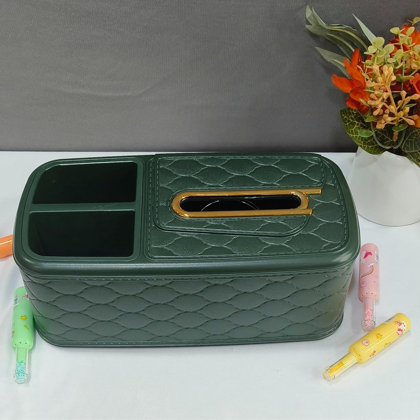 DailyAlley Tissue Box Holder & Pen Organizer – Multipurpose Storage with 2 Extra Compartments for Home, Office, or Car Dailyalley