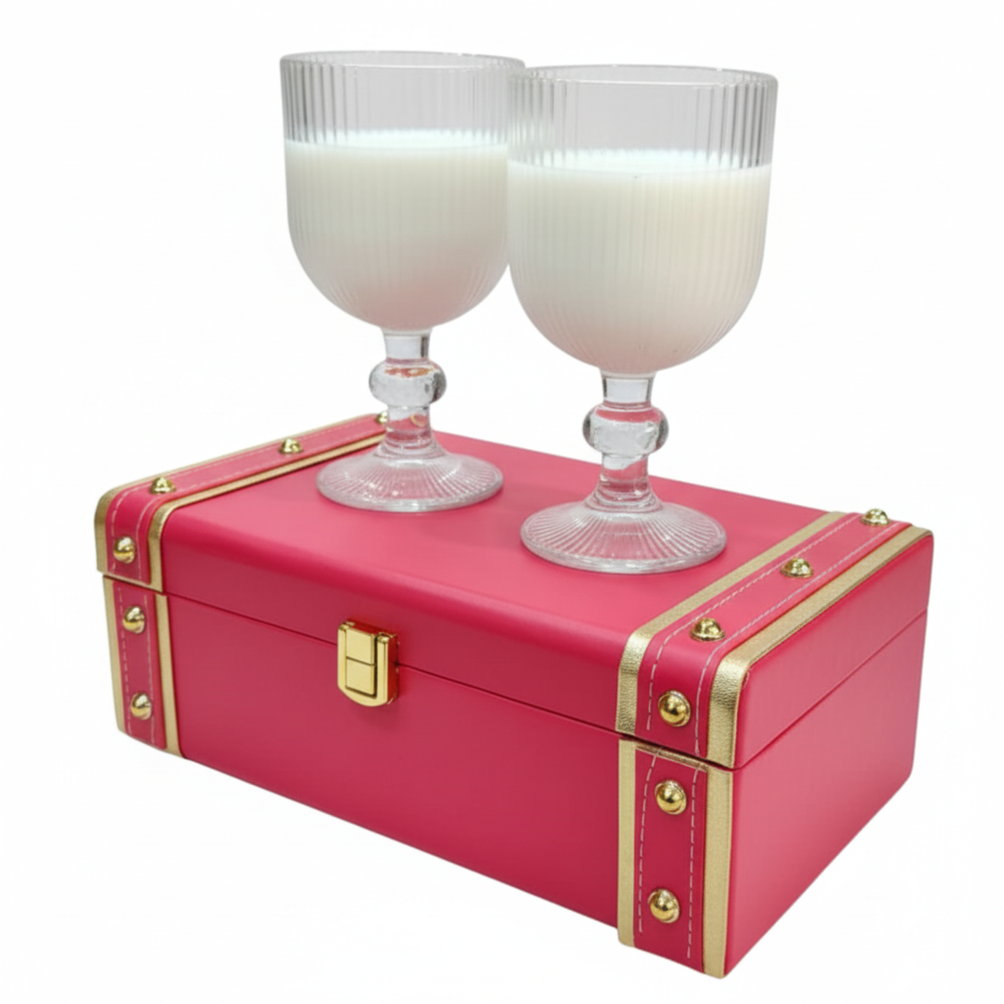 Luxury Decorative Candles Set in Ribbed Glass Goblets. Aromatic white wax duo for romantic ambiance, presented in a chic pink trunk gift box. Dailyalley