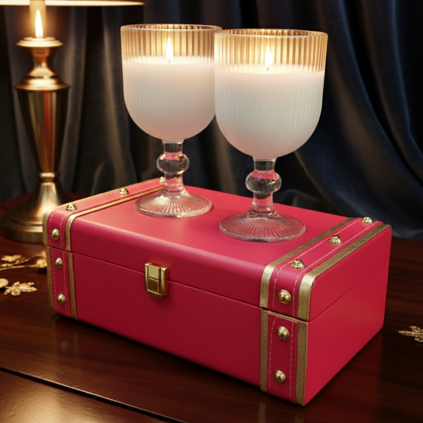 Luxury Decorative Candles Set in Ribbed Glass Goblets. Aromatic white wax duo for romantic ambiance, presented in a chic pink trunk gift box. Dailyalley