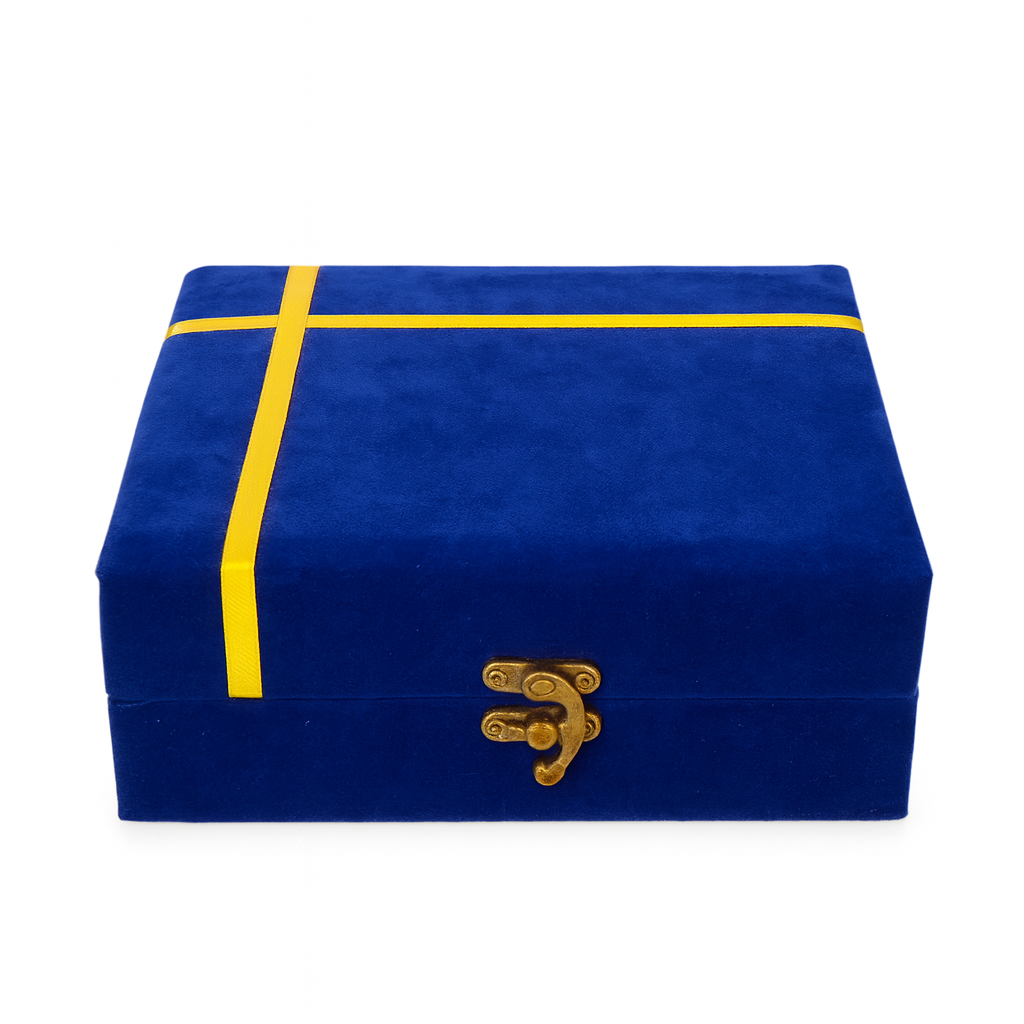 DailyAlley Premium German Silver Pooja Thali Set with Swastik Engraving | Full Hindu Worship Plate Set with Bowls, Diya & Spoon in Blue Velvet Box Dailyalley