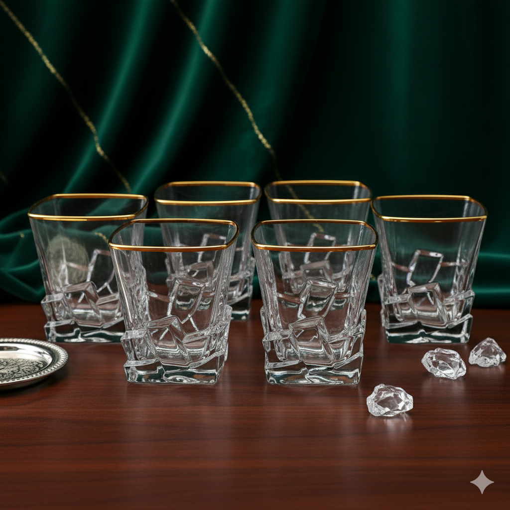 Luxury Gold-Rimmed Crystal Whiskey Tumbler – Elegant Square Rocks Glass for Premium Spirits Dailyalley