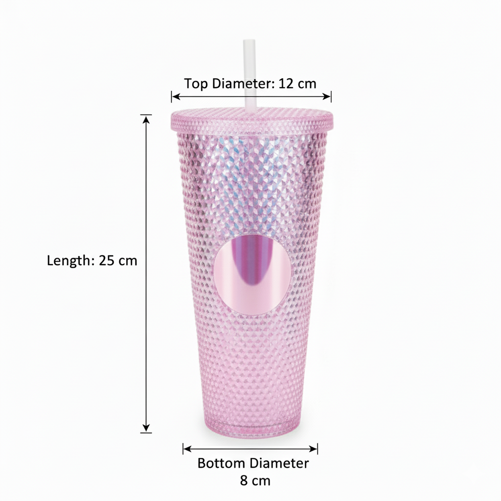 DailyAlley Pink Studded Tumbler with Straw (710ml) | Reusable Plastic Travel Mug for Iced Coffee & Cold Drinks | Textured Cup for Teens & Adults Dailyalley