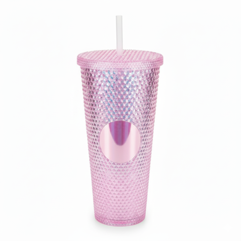 DailyAlley Pink Studded Tumbler with Straw (710ml) | Reusable Plastic Travel Mug for Iced Coffee & Cold Drinks | Textured Cup for Teens & Adults Dailyalley
