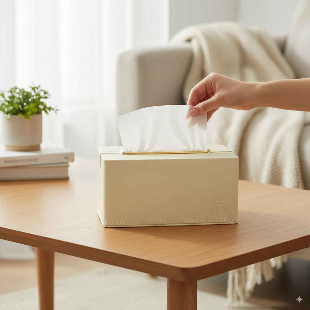 DailyAlley Beige Tissue Box Holder - Premium Napkin Dispenser with a Golden Lid & Stylish Leather Finish. Perfect for your home, office, or car. Dailyalley