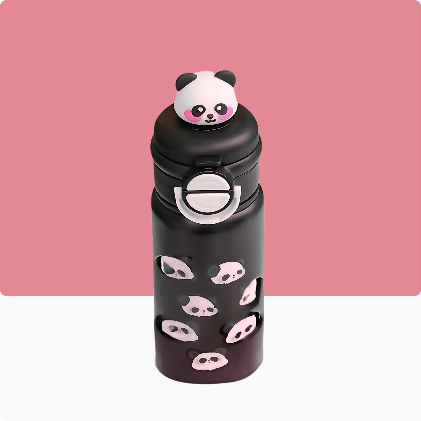 Black water bottle with panda design on a pink background
