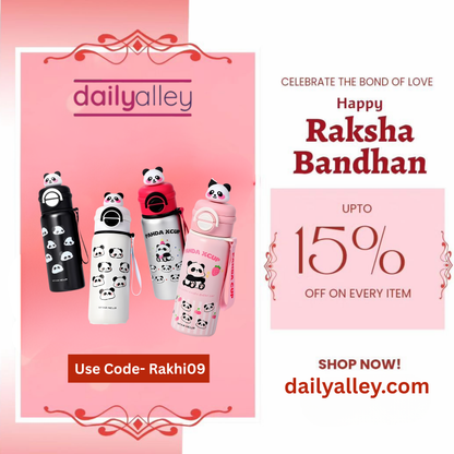 Promotional banner for Daily Alley with water bottles and Raksha Bandhan offer on a pink background
