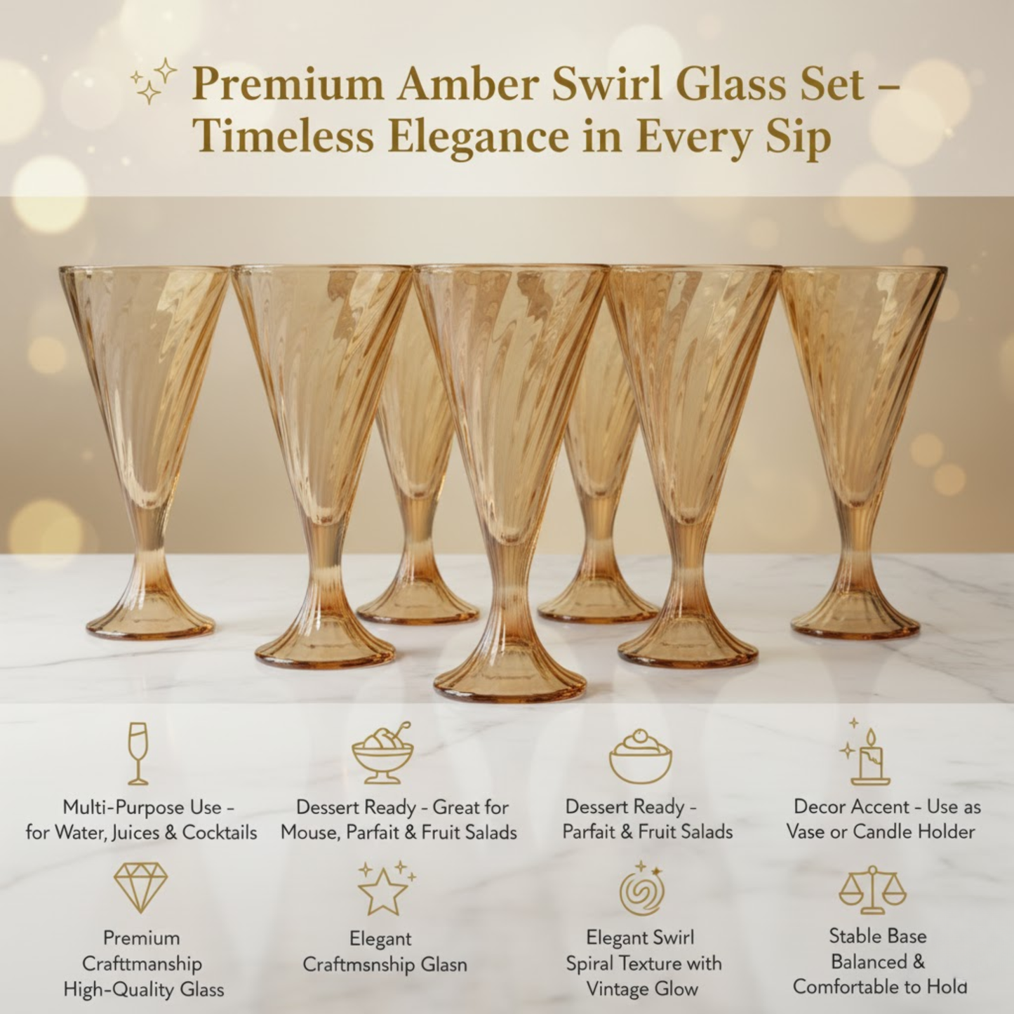 DailyAlley Vintage Amber Wine Glasses (Set of 6) | Elegant Fluted Swirl Design for Cocktails & Champagne | Multi-Purpose Glassware (300ml) Dailyalley