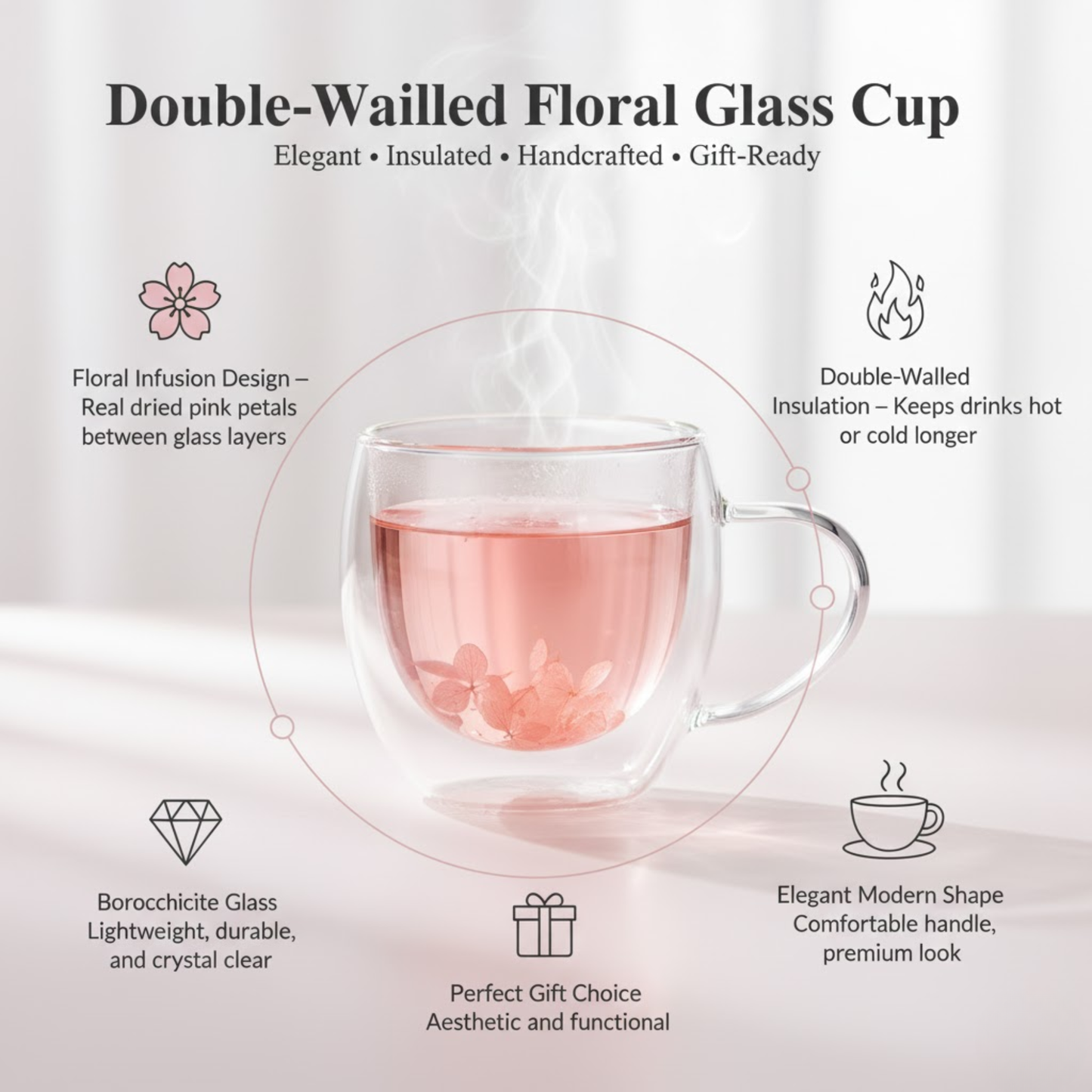 DailyAlley Floral Glass Mug - A beautiful and elegant glass mug with a handle, featuring a delicate floral design. Perfect for hot and cold drinks. Dailyalley