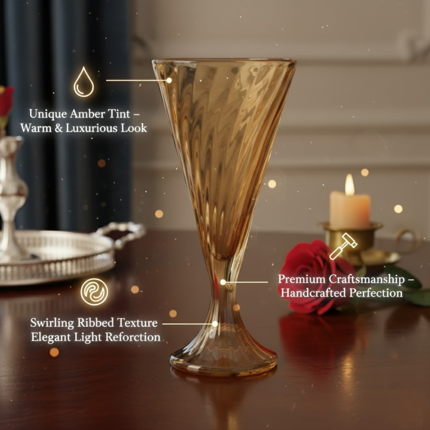 DailyAlley Vintage Amber Wine Glasses (Set of 6) | Elegant Fluted Swirl Design for Cocktails & Champagne | Multi-Purpose Glassware (300ml) Dailyalley