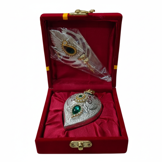 Handcrafted Shankh Sindoor Daani with Peacock Feather Applicator | Traditional Stone-Studded Pooja Item in a Premium Gift Box Dailyalley